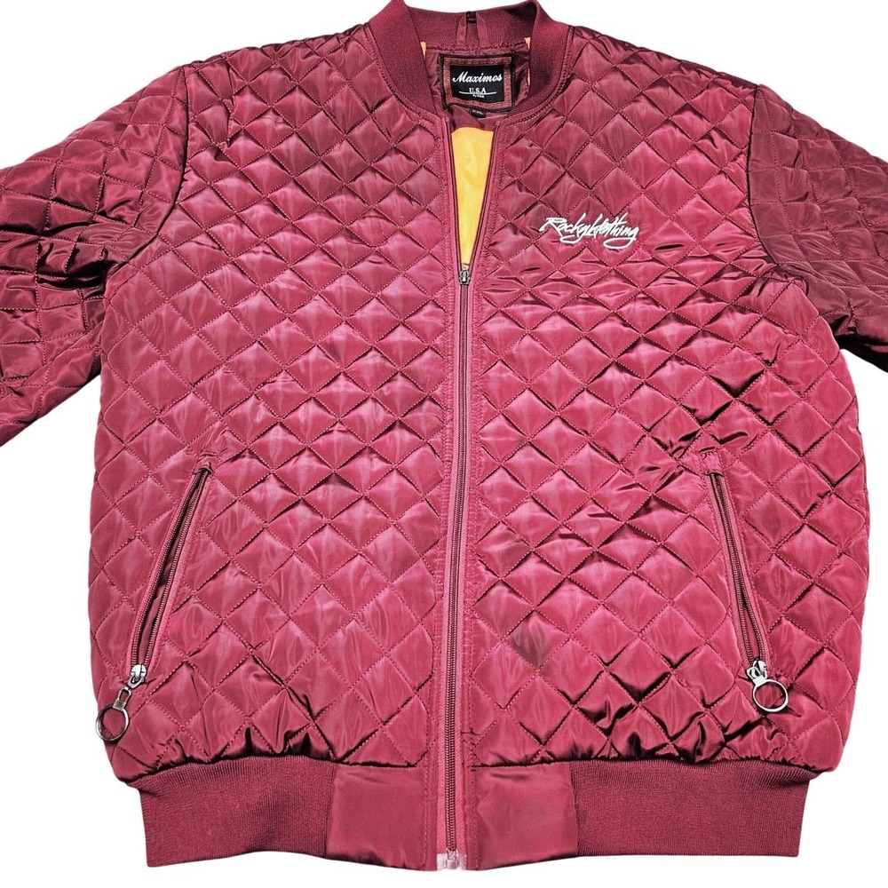 Maximos Rocky Clothing Quilted Bomber Jacket 2XL Burgundy Y2K Urban Hip Hop